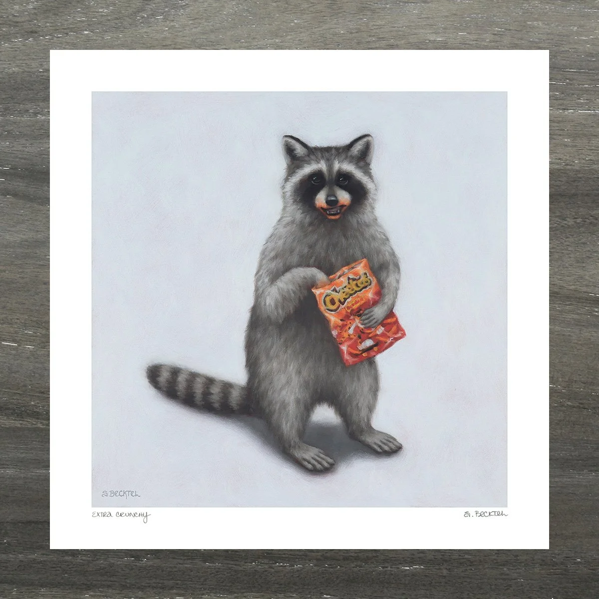 Raccoon eating cheetos art print — Sarah Becktel